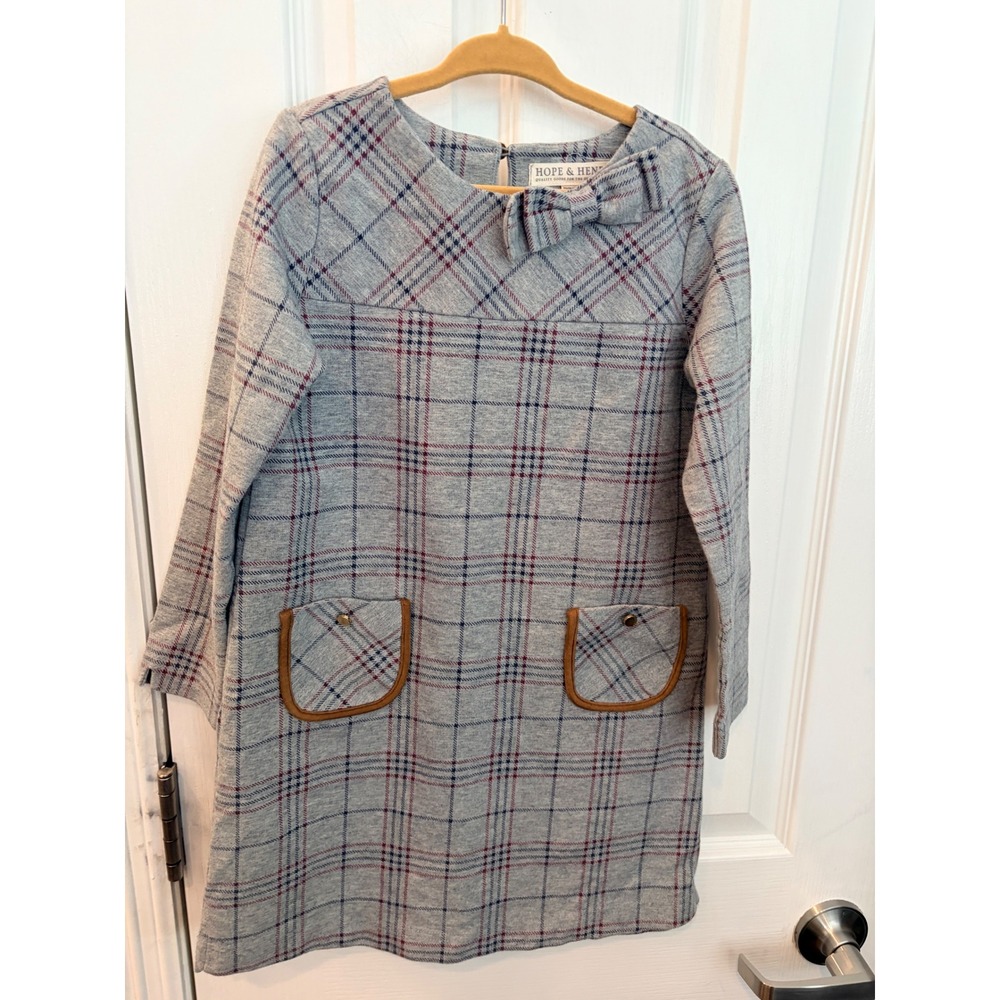 Hope & Henry Dress Grey Plaid Elbow Patches Bow Pockets Preppy Kids 6